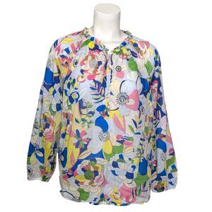 Talbots Petites Size Large Gauzy Button Up Blouse Balloon Sleeve Floral Kidcore